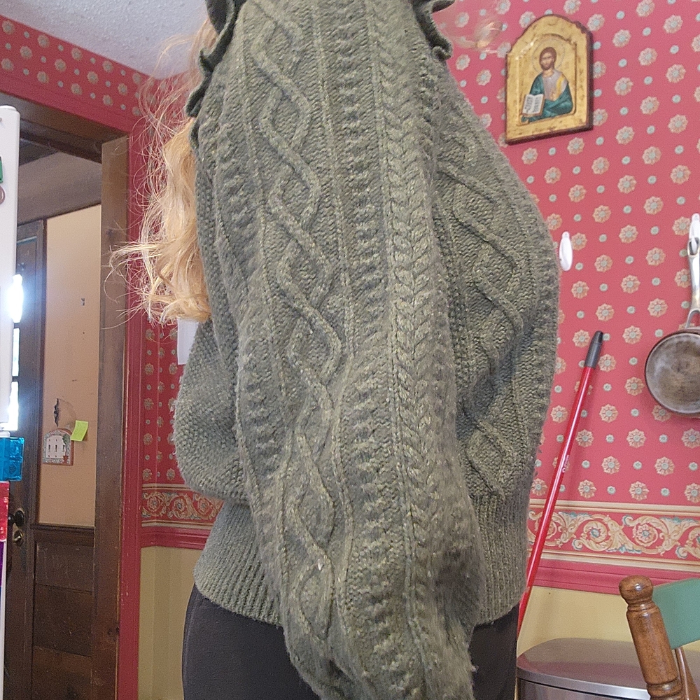 *MERINO WOOL* Madewell Olive Cable Knit Sweater with Ruffle Details - Picture 2 of 4